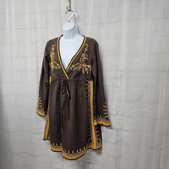Lucky Brand Brown Mustard Embroidered Boho Dress Peasant Hippie Festival S - Picture 7 of 12
